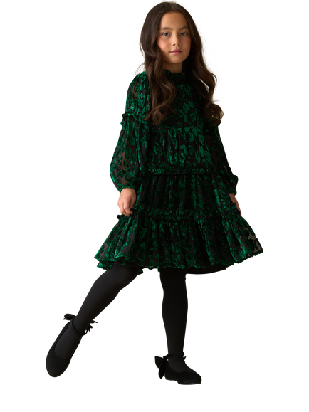 Angel & Rocket Kids' Devore Floral Velvet Tiered Midi Dress - view 2, Green