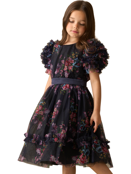 Angel & Rocket Kids' Florence Floral Short Sleeve Midi Dress, Navy/Multi