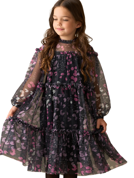 Angel & Rocket Kids' Long Sleeved Printed Mesh Dress, Navy/Multi, Navy/Multi