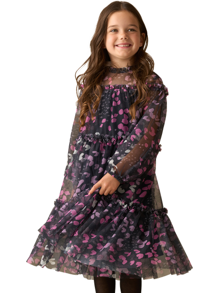 Angel & Rocket Kids' Long Sleeved Printed Mesh Dress, Navy/Multi - view 2, Navy/Multi
