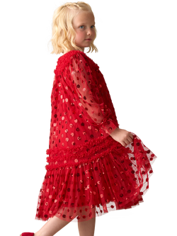 Angel & Rocket Kids' Long Sleeved Ruffle Mesh Dress, Red - view 2, Red