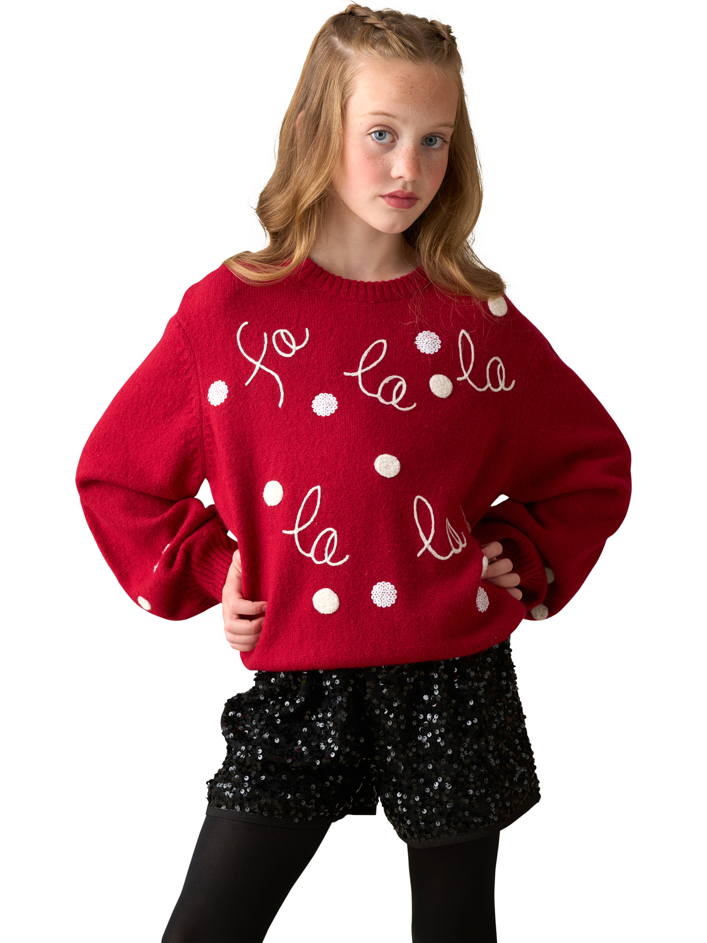 Product image 1 of 7, which shows Angel & Rocket Kids' Fa La La La Jumper, Red/White, 3-4 years