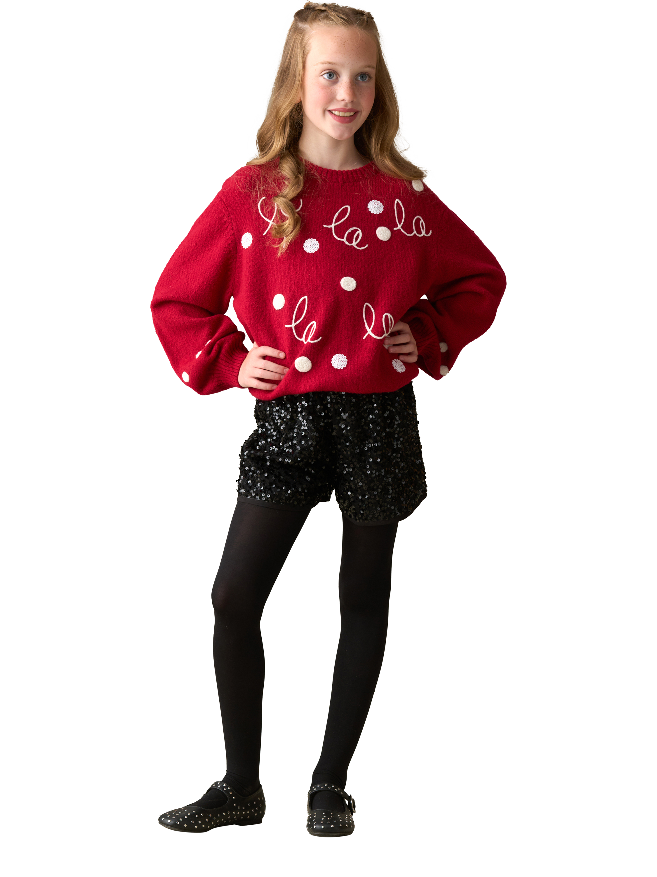 Product image 2 of 7, which shows Angel & Rocket Kids' Fa La La La Jumper, Red/White, 3-4 years