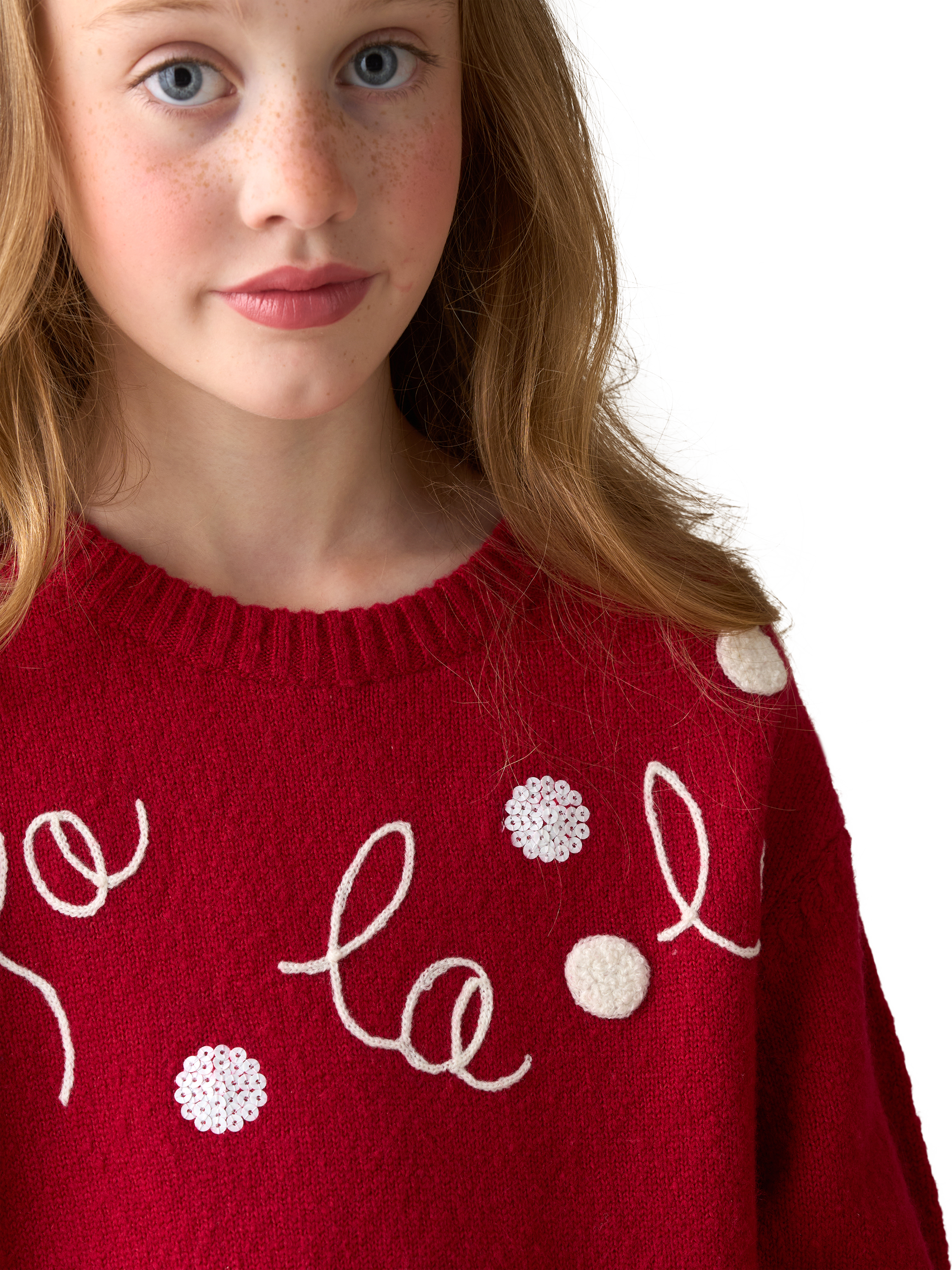 Product image 3 of 7, which shows Angel & Rocket Kids' Fa La La La Jumper, Red/White, 3-4 years