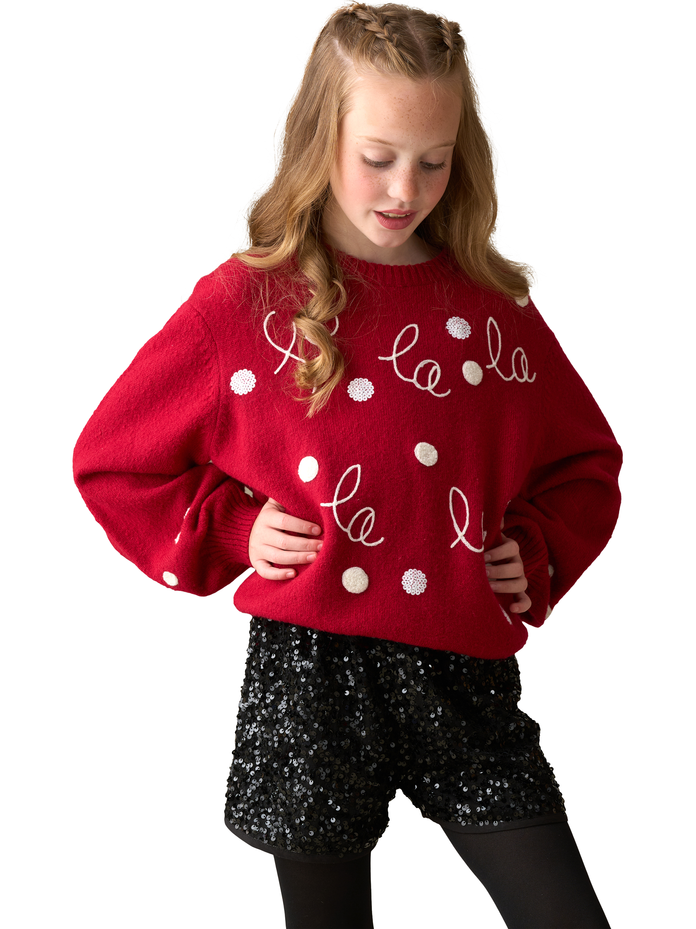 Product image 4 of 7, which shows Angel & Rocket Kids' Fa La La La Jumper, Red/White, 3-4 years