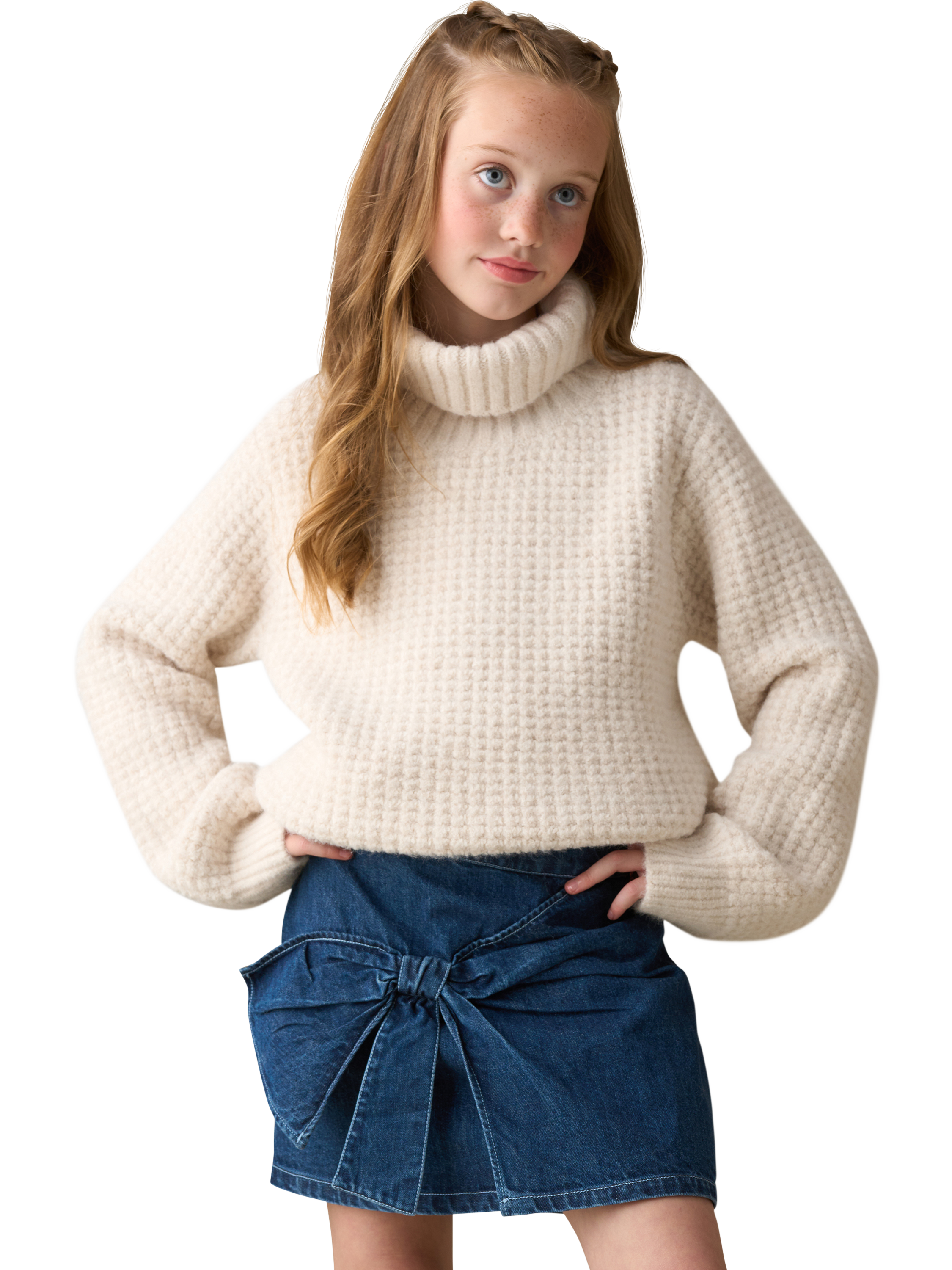 Product image 2 of 7, which shows Angel & Rocket Kids' Denim Bow A-Line Skirt, Blue, 3 years