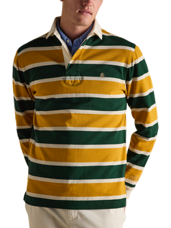 Joules Cotton Striped Rugby Shirt, Green/Gold, Green/Gold