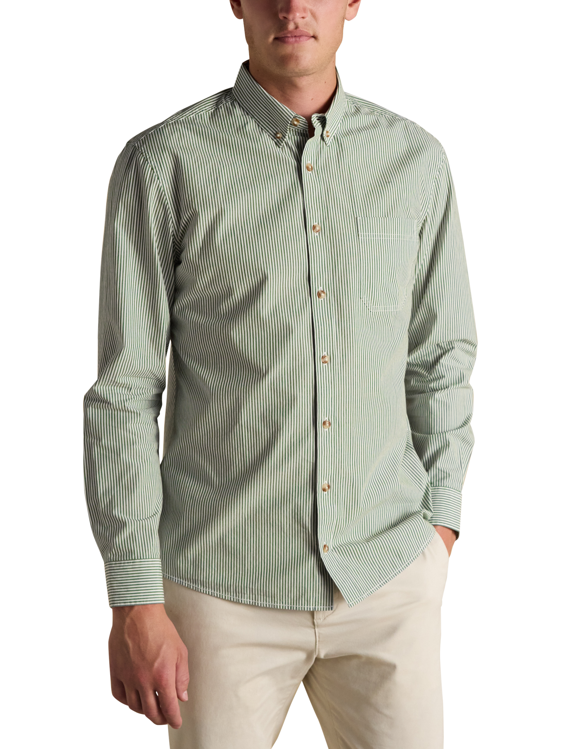 Product image 1 of 6, which shows Joules Cotton Stripe Collar Shirt, Green/Multi, S