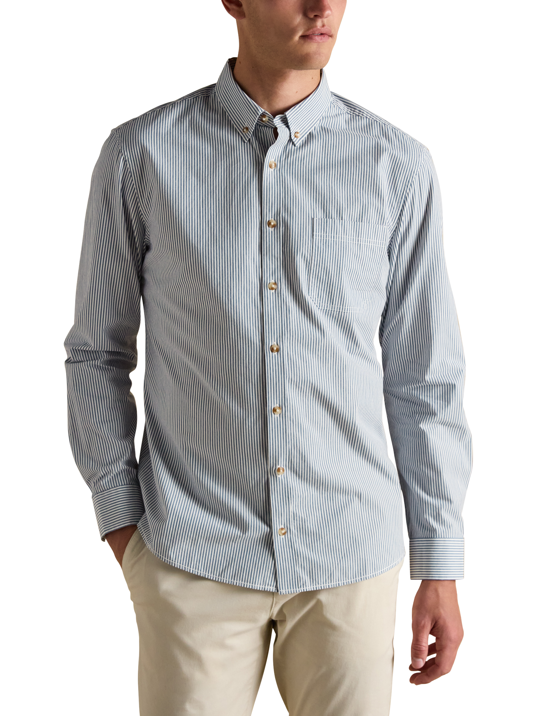 Product image 1 of 5, which shows Joules Cotton Stripe Long Sleeve Collar Shirt, Navy/Multi, S