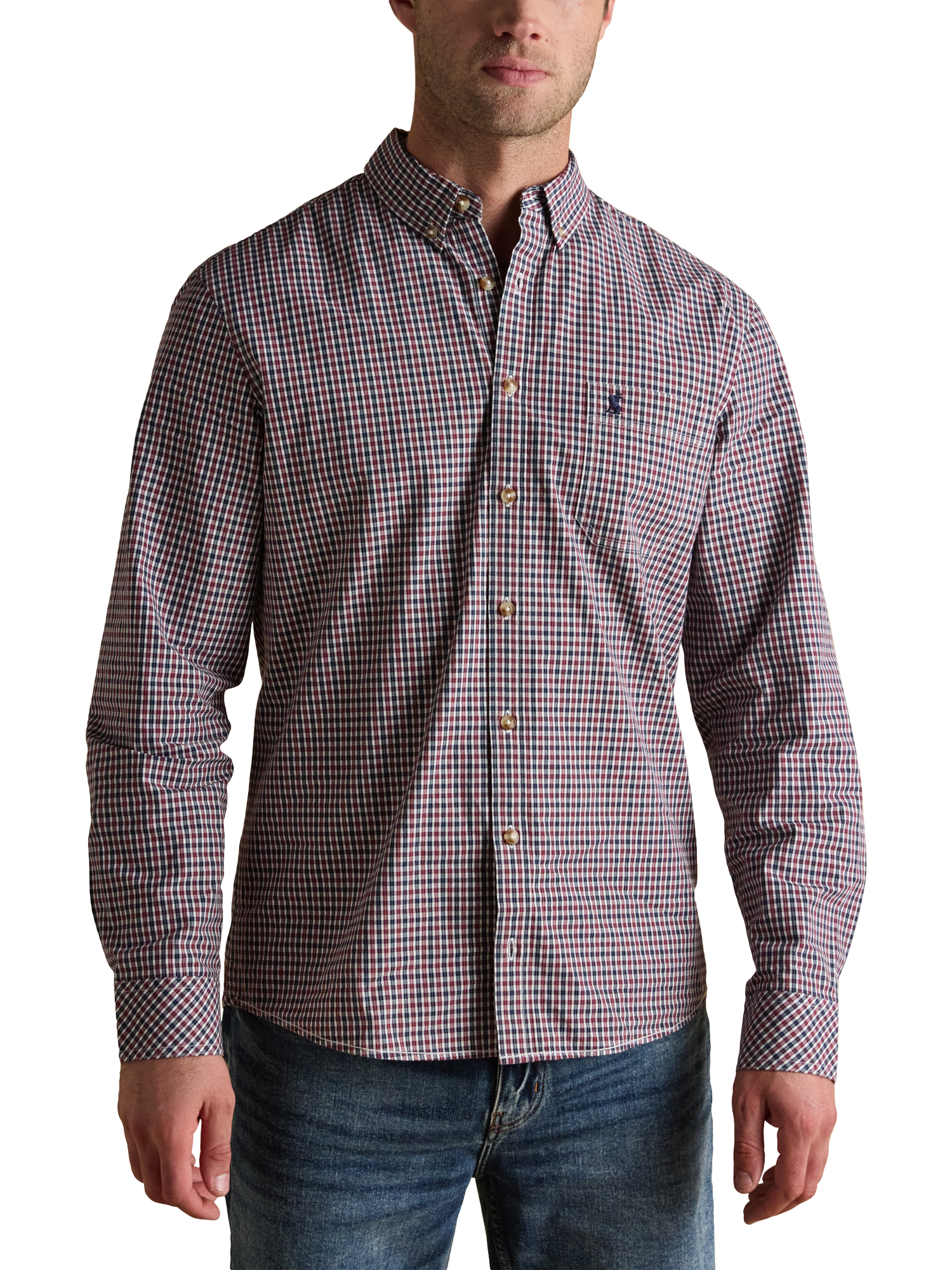Product image 1 of 7, which shows Joules Cotton Regular Fit Gingham Shirt, Port, S