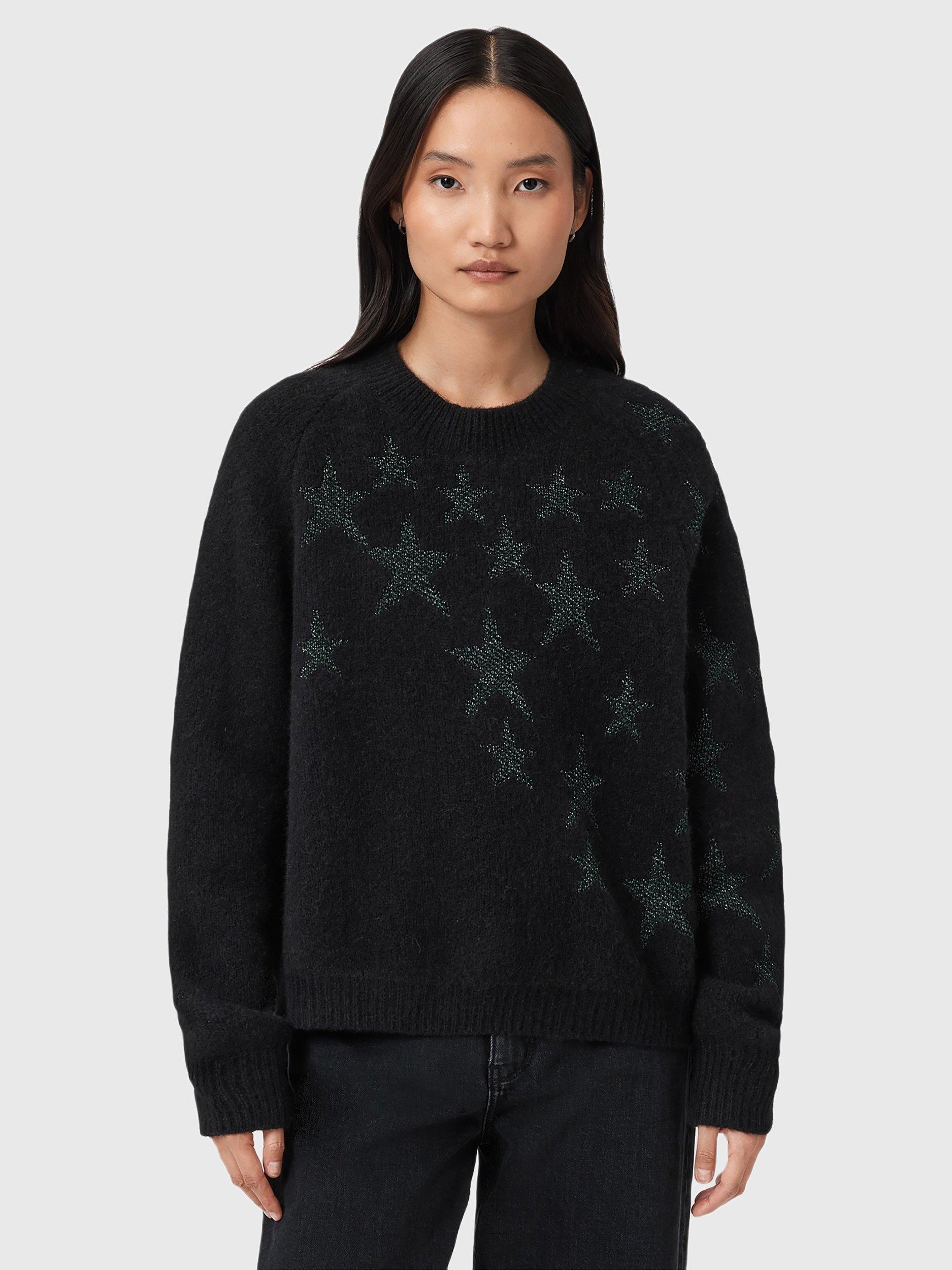 Product image 1 of 6, which shows AllSaints Cosmos Wool Blend Jumper, Black/Green, S