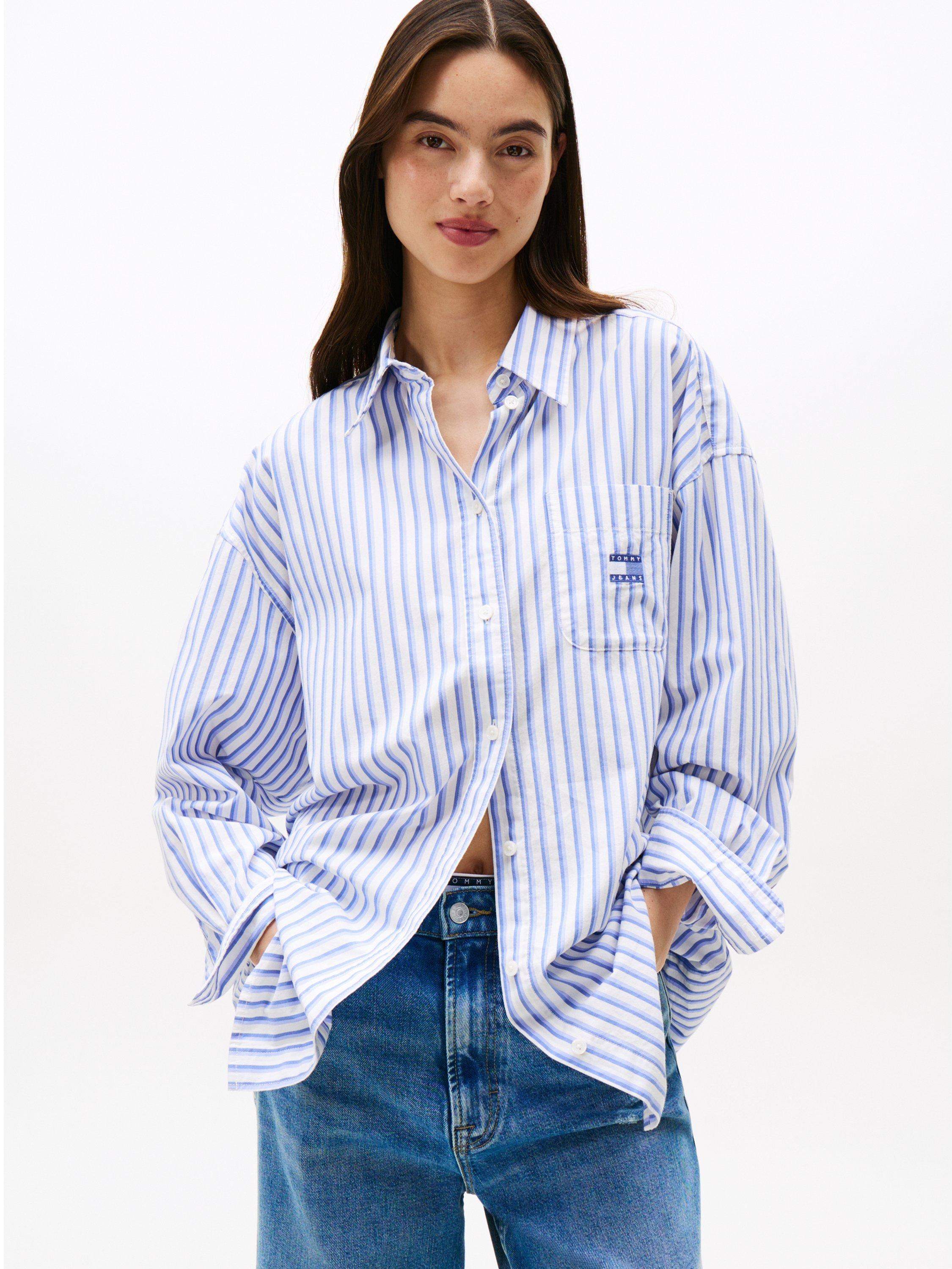 Tommy Jeans Stripe Oversized Badge Shirt, Vintage Iris