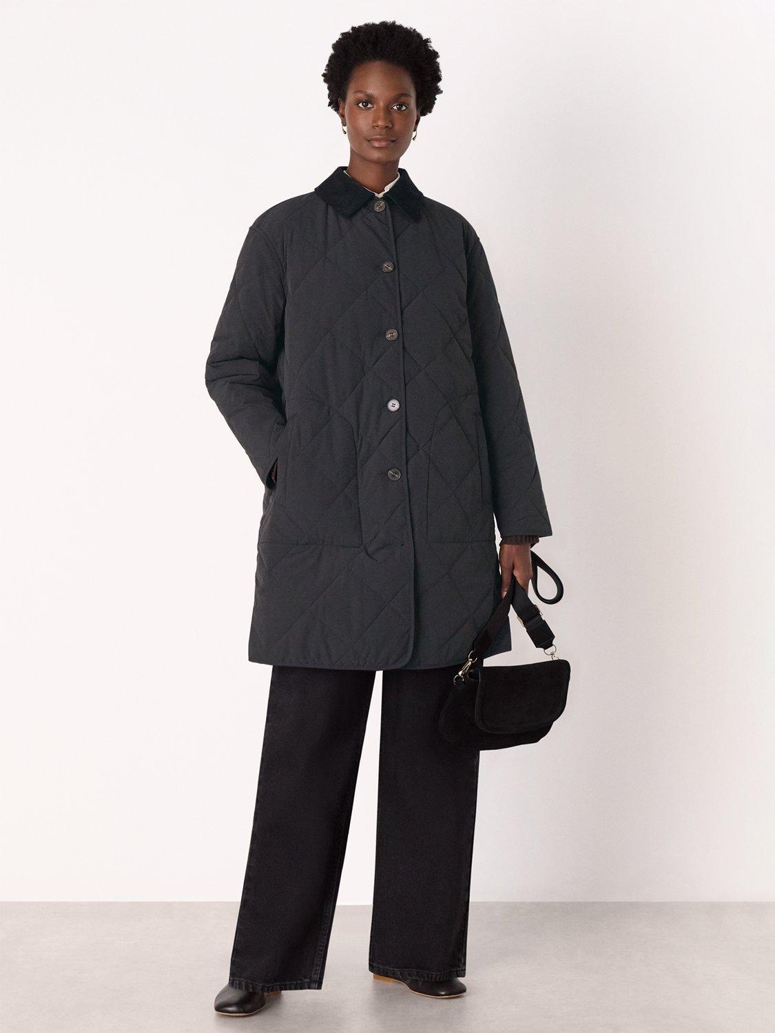 Product image 1 of 5, which shows Whistles Corduroy Collar Quilted Coat, Black, 6