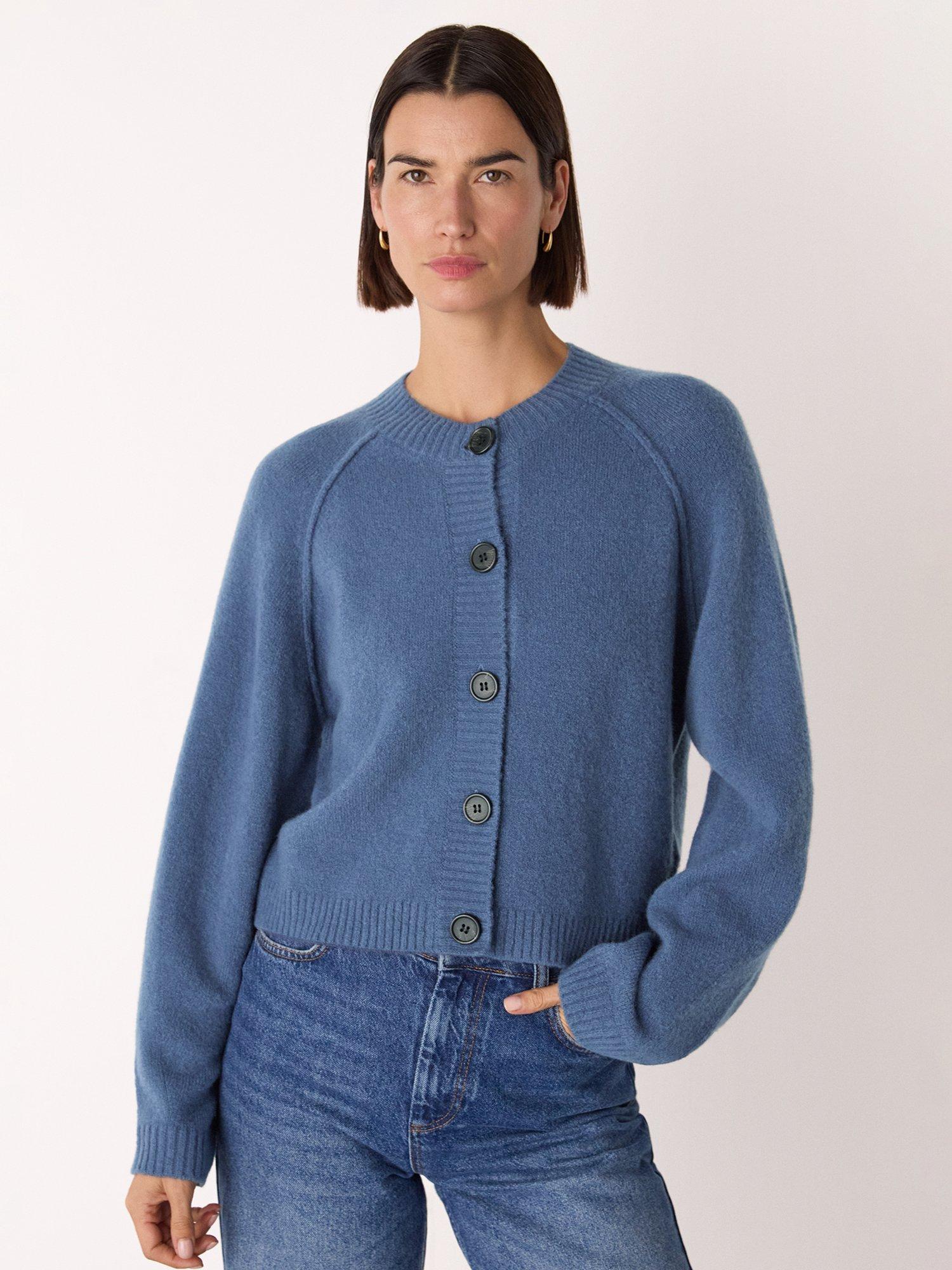 Product image 1 of 5, which shows Whistles Crew Neck Wool Blend Cardigan, Blue, XL