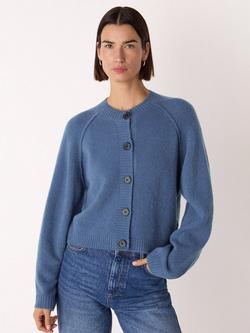 Whistles Crew Neck Wool Blend Cardigan, Blue, Blue