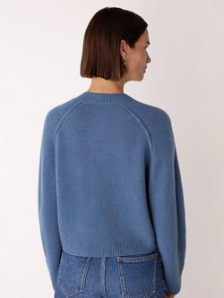 Whistles Crew Neck Wool Blend Cardigan, Blue - view 2, Blue