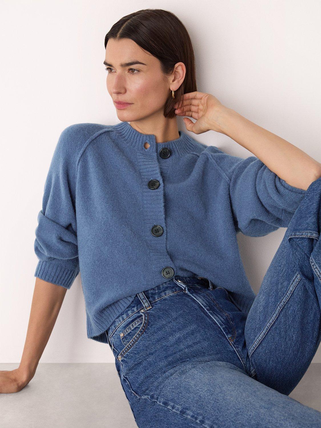 Product image 4 of 5, which shows Whistles Crew Neck Wool Blend Cardigan, Blue, XL