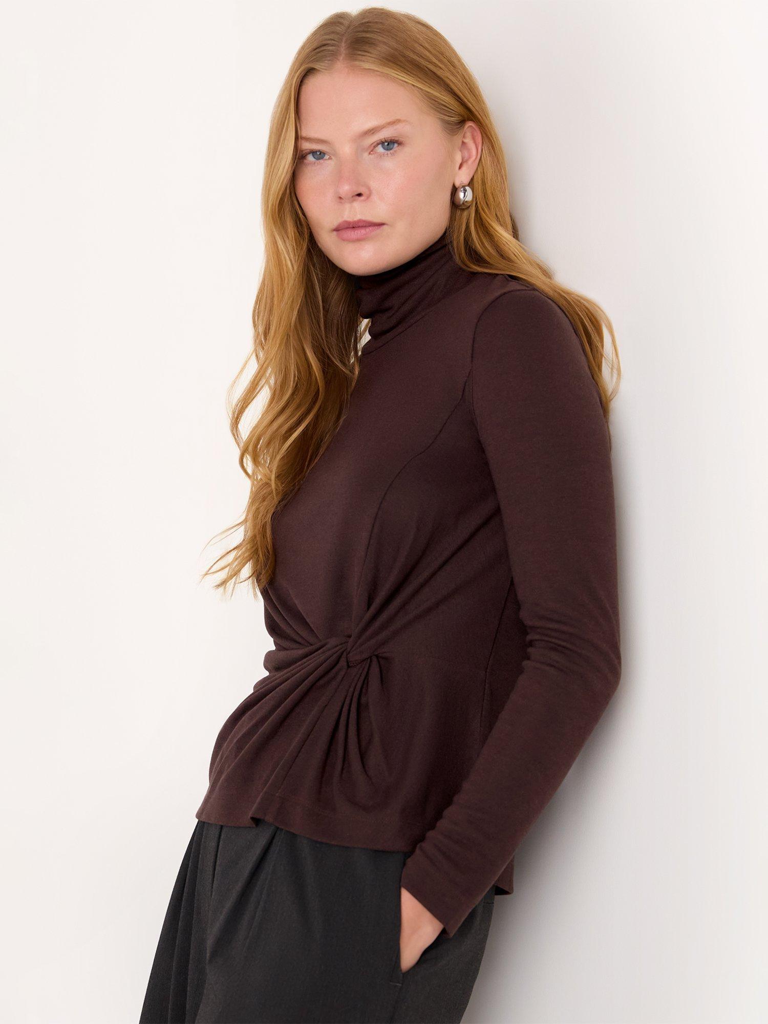 Product image 1 of 5, which shows AllSaints Roll Neck Twist Front Top, Brown, 6