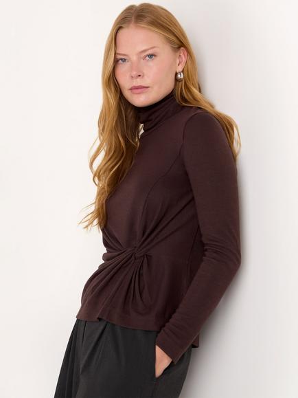Roll Neck Twist Front Top, Brown, Brown