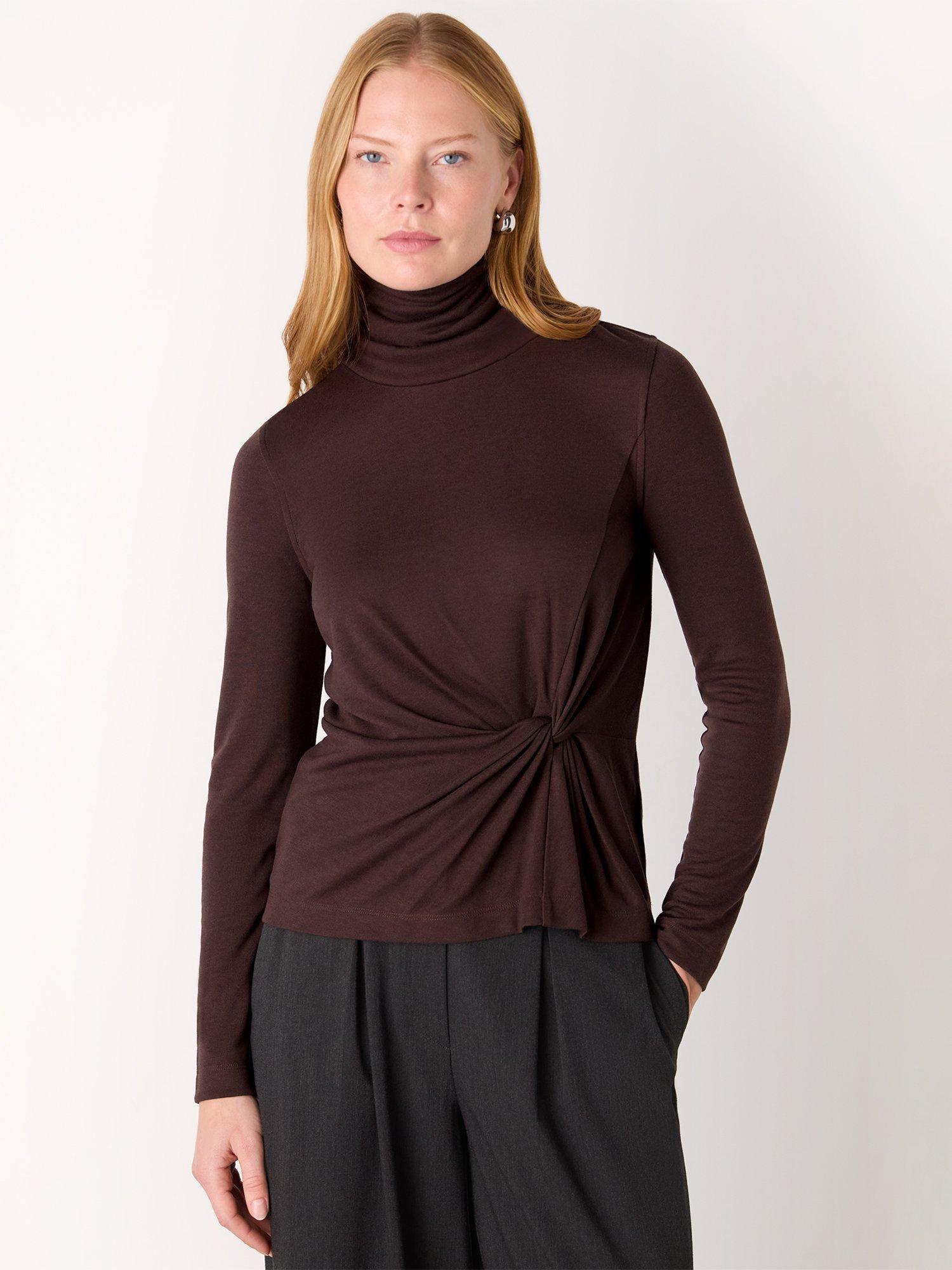 Product image 4 of 5, which shows AllSaints Roll Neck Twist Front Top, Brown, 6