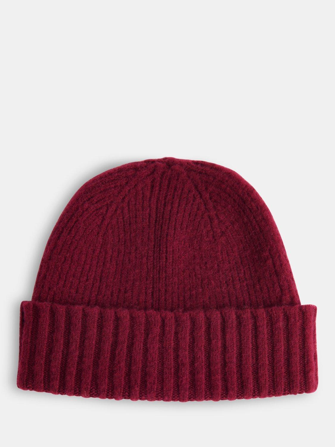 Product image 1 of 2, which shows Whistles Brushed Ribbed Pure Wool Beanie Hat, Burgundy, One Size