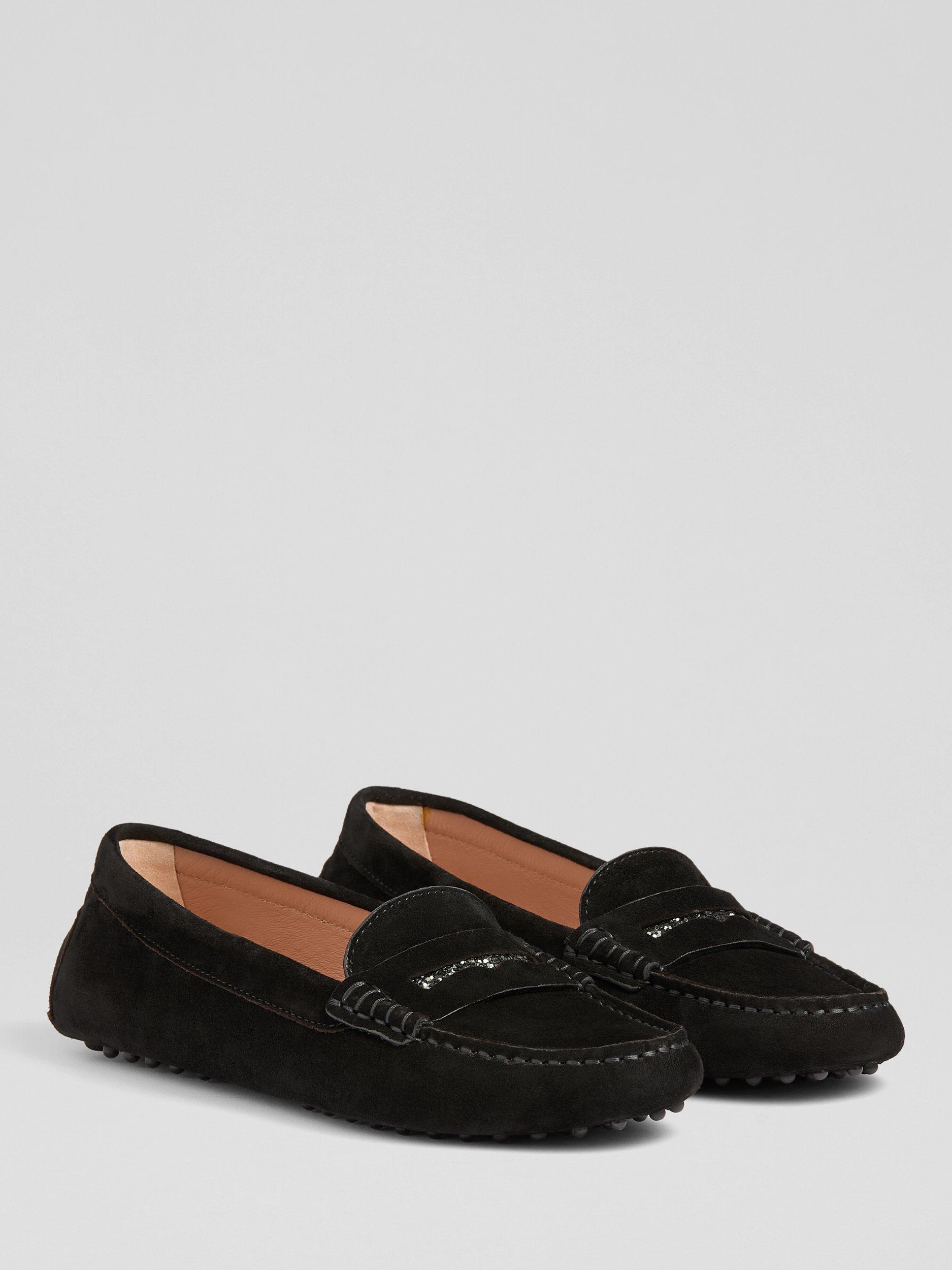 Product image 2 of 3, which shows L.K.Bennett Nova Suede Crystal Embellished Moccasins, Black, 5