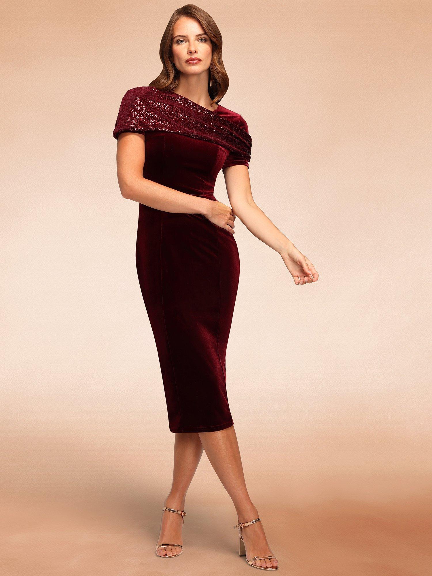Product image 1 of 9, which shows HotSquash Cape Velvet Midi Dress, Wine, 8