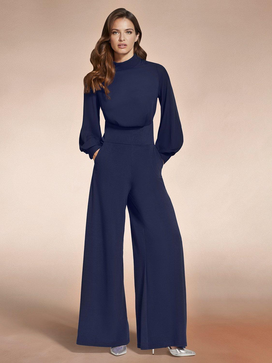 Product image 1 of 5, which shows HotSquash Blouson Sleeve Wide Leg Jumpsuit, Navy, 8