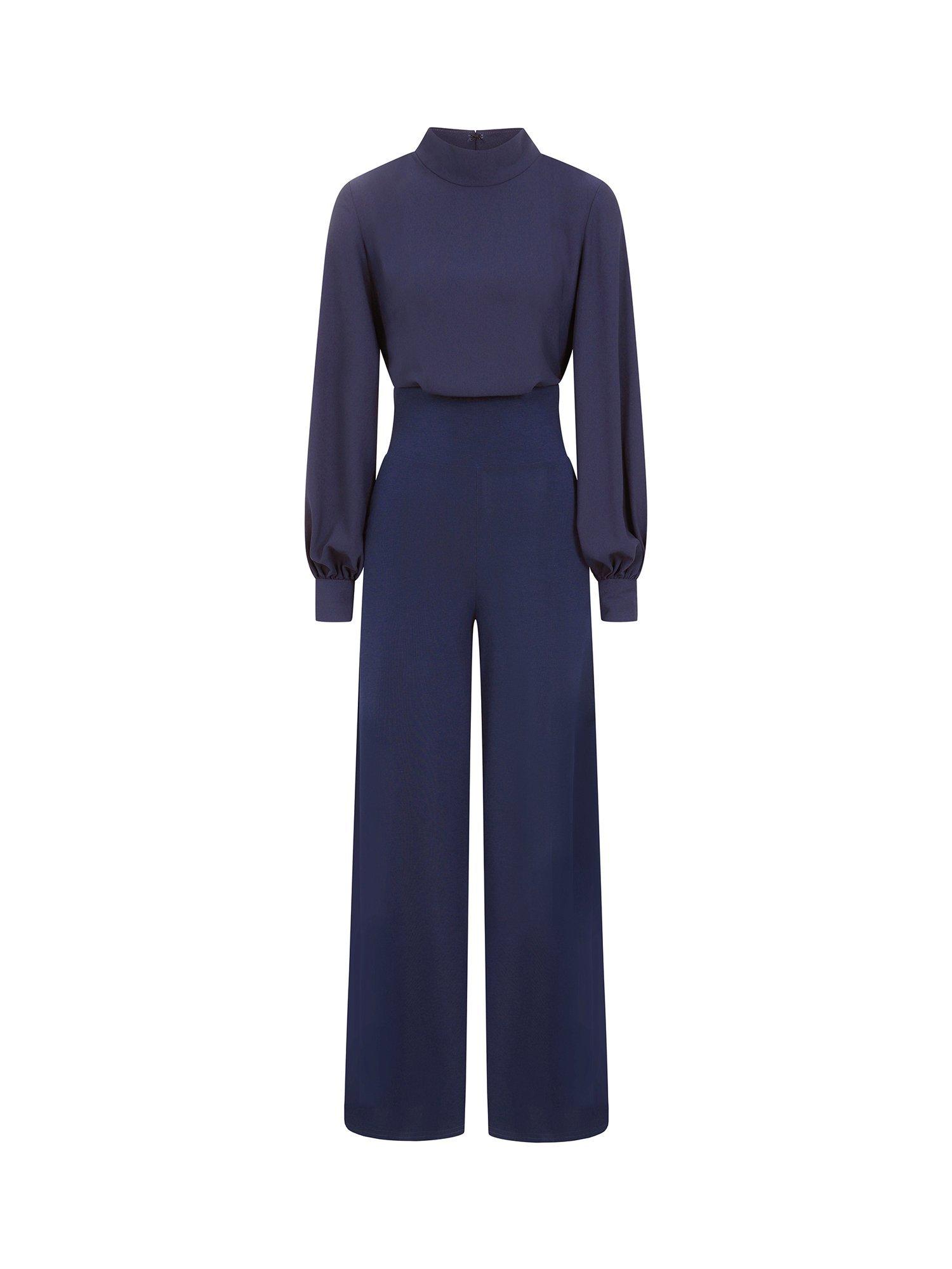 Product image 5 of 5, which shows HotSquash Blouson Sleeve Wide Leg Jumpsuit, Navy, 8