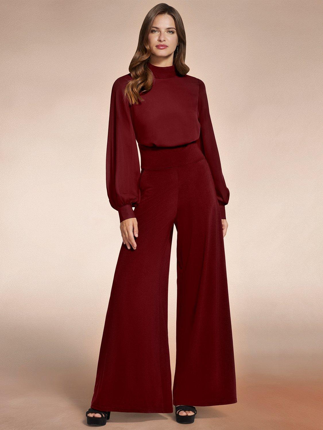 Product image 2 of 5, which shows HotSquash Blouson Sleeve Wide Leg Jumpsuit, Wine, 8