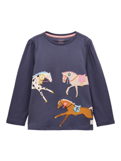 Joules Kids' Ava Horse Appliqué Long Sleeve Top, Navy/Multi, Navy/Multi