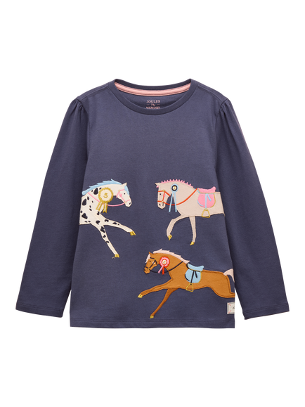 Joules Kids' Ava Horse Appliqué Long Sleeve Top, Navy/Multi, Navy/Multi