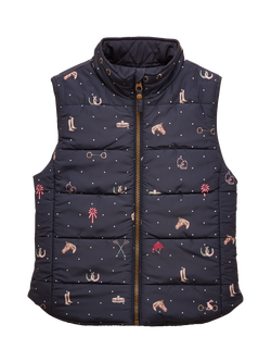 Joules Kids' Reversible Horse Print Gilet, Navy/Multi - view 2, Navy/Multi