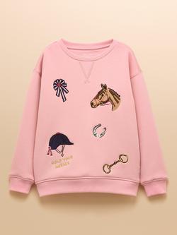 Joules Kids' Oversized Embroidered Sweatshirt, Pink Horses, Pink Horses