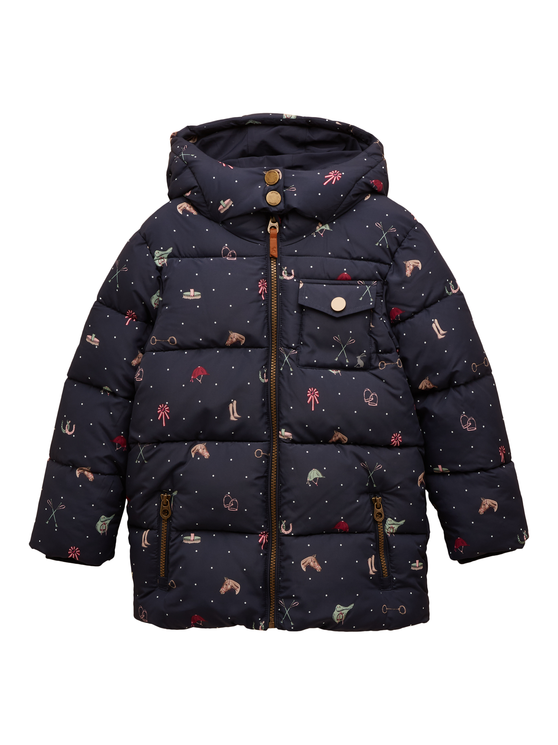 Product image 1 of 4, which shows Joules Kids' Padded Horse Print Jacket, Navy/Multi, 1-2 years
