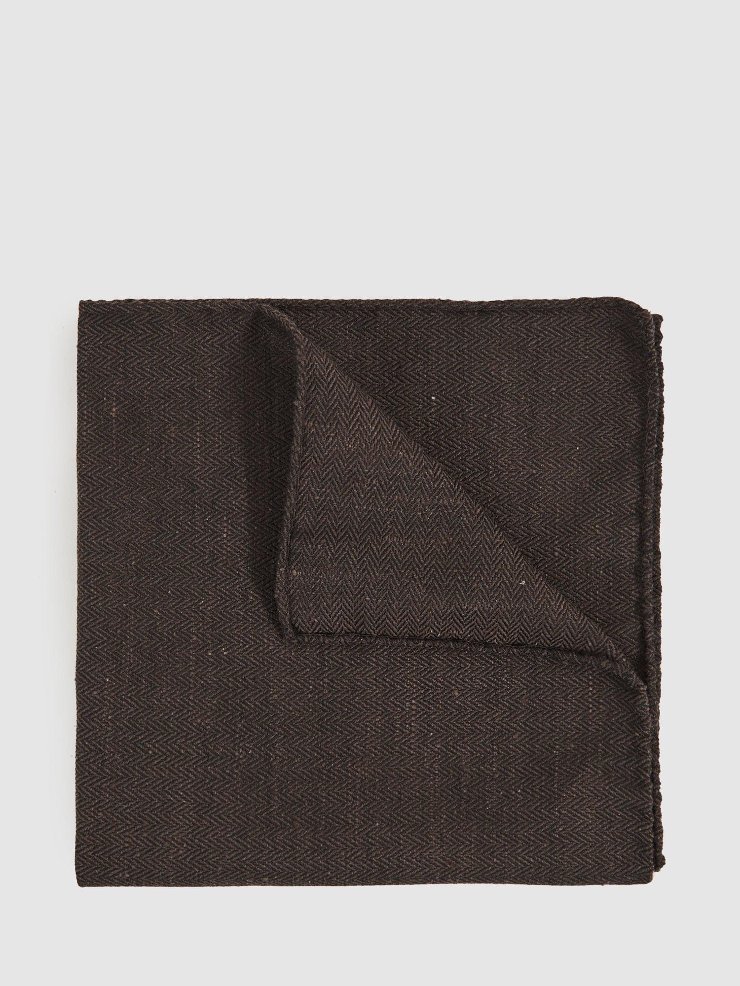 Product image 1 of 4, which shows Reiss Celso Silk Blend Herringbone Pocket Square, Chocolate Brown
