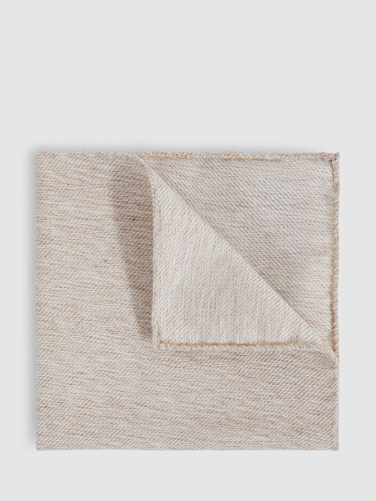 Product image 1 of 4, which shows Reiss Dario Wool & Silk Blend Textured Pocket Square, Oatmeal