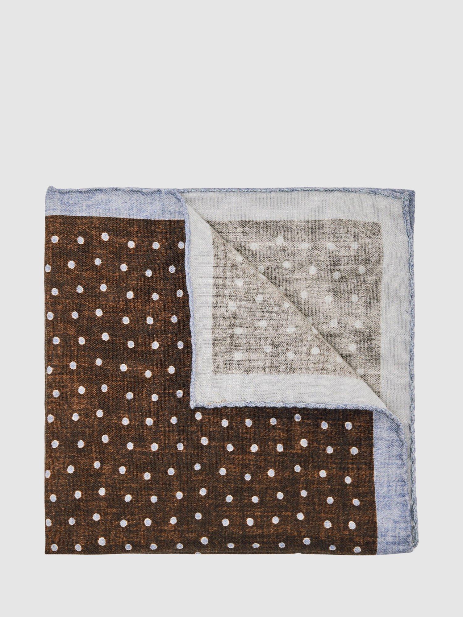 Product image 1 of 4, which shows Reiss Lucio Wool Blend Polka Dot Pocket Square, Chocolate Brown