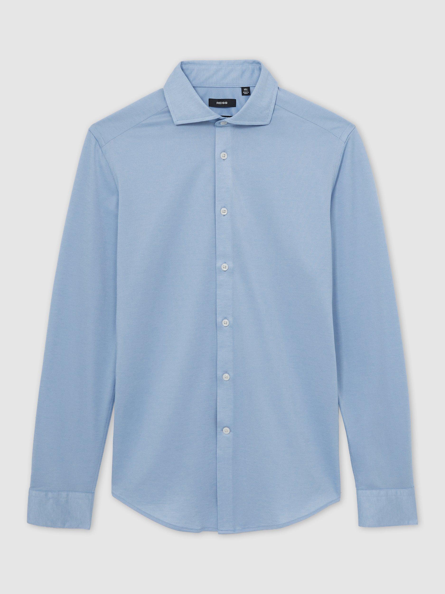 Product image 3 of 5, which shows Reiss Nate Jersey Cutaway Collar Shirt, Soft Blue, XL