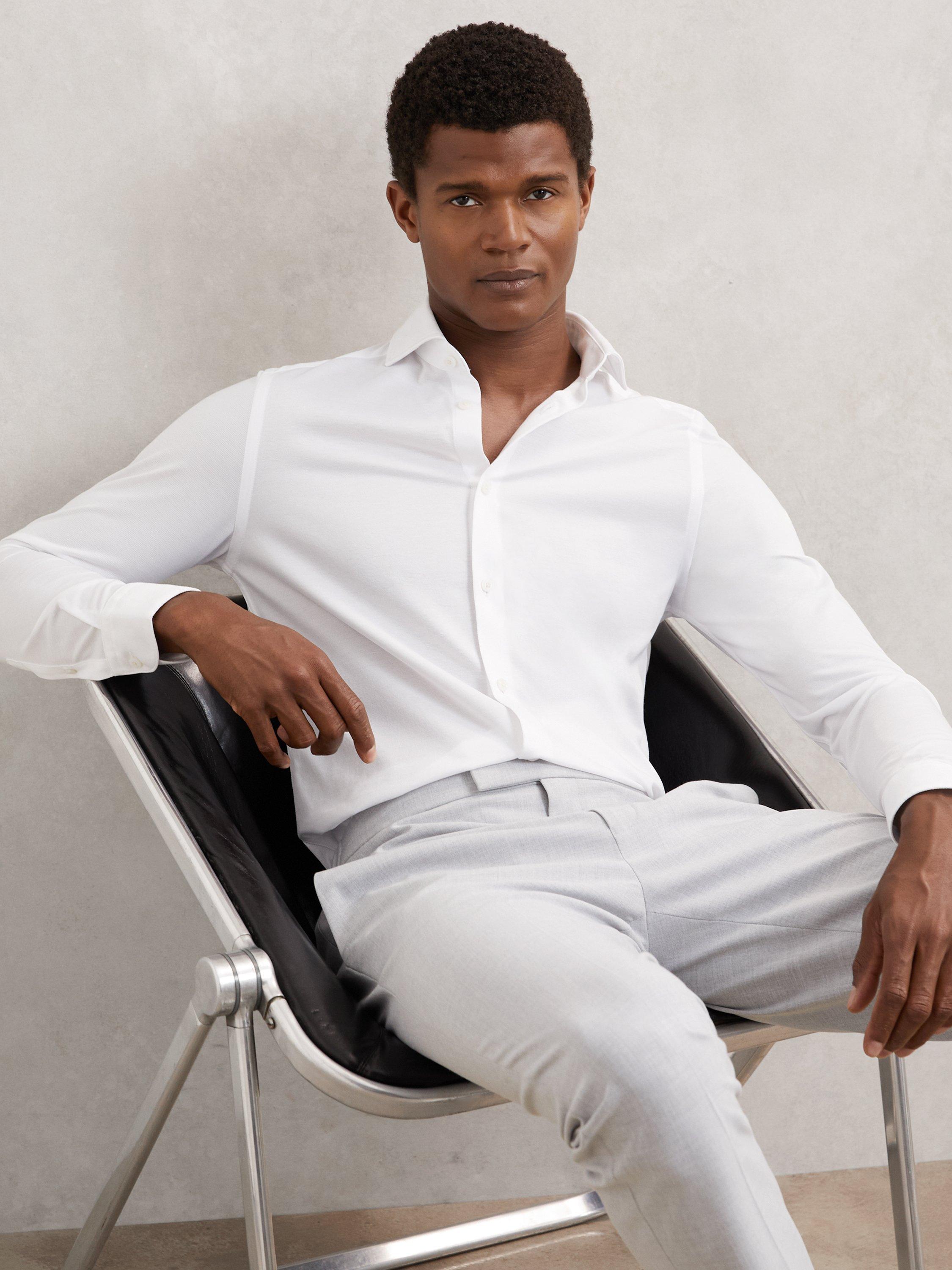 Product image 1 of 5, which shows Reiss Nate Jersey Cutaway Collar Shirt, White, XS