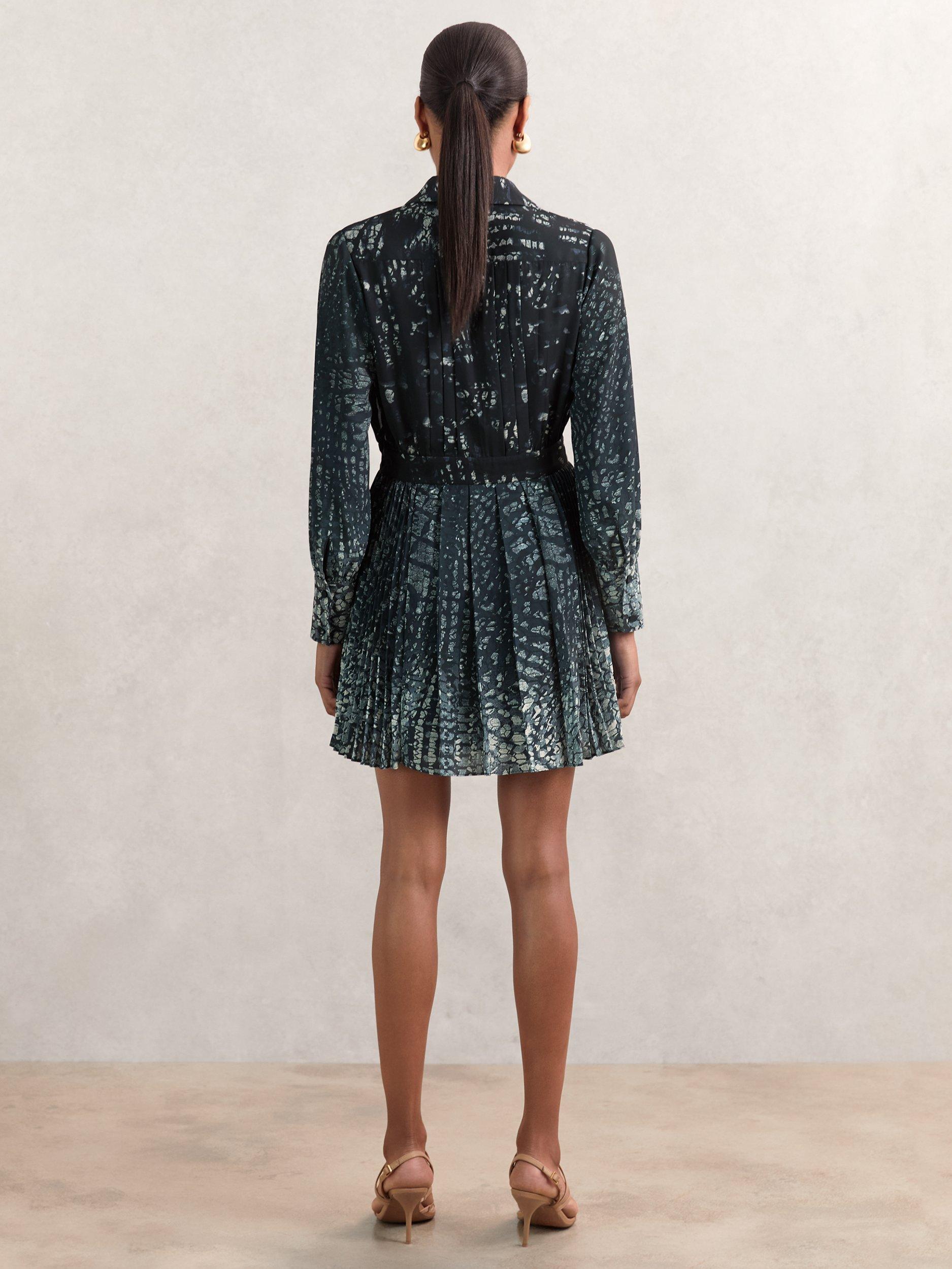 Product image 2 of 5, which shows Reiss Ali Abstract Pleated Mini Dress, Navy, 8