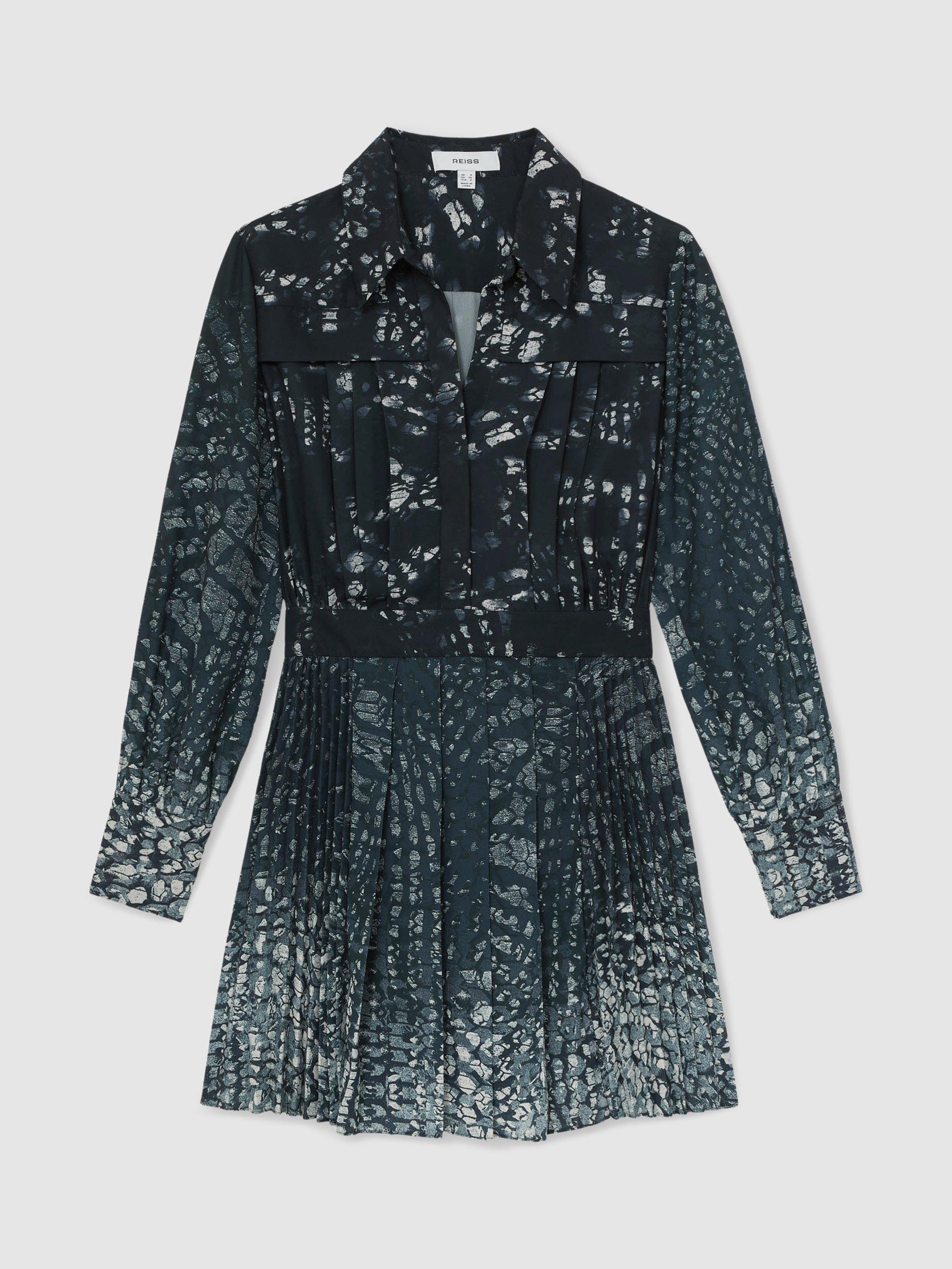 Product image 3 of 5, which shows Reiss Ali Abstract Pleated Mini Dress, Navy, 8