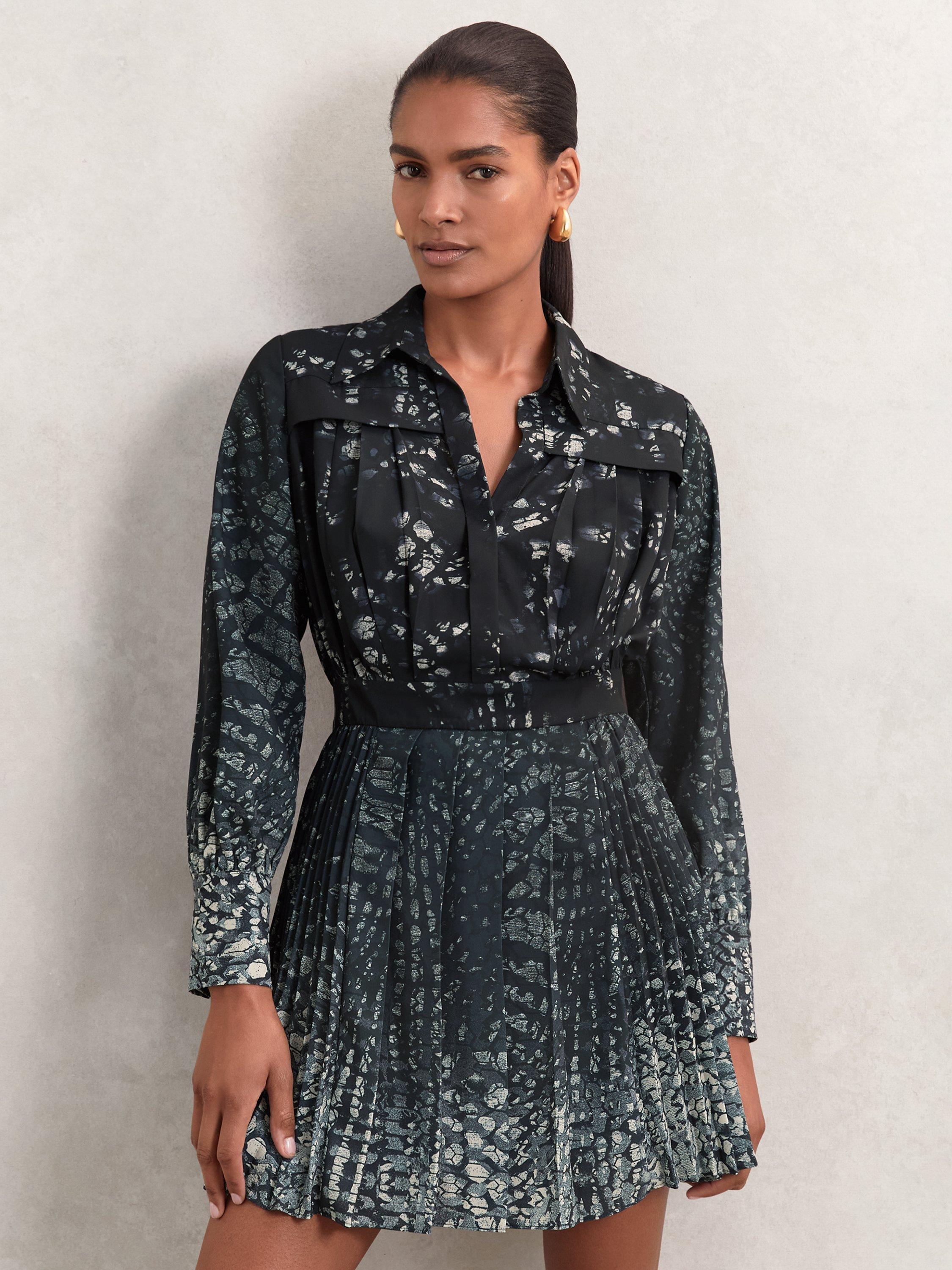 Product image 4 of 5, which shows Reiss Ali Abstract Pleated Mini Dress, Navy, 8