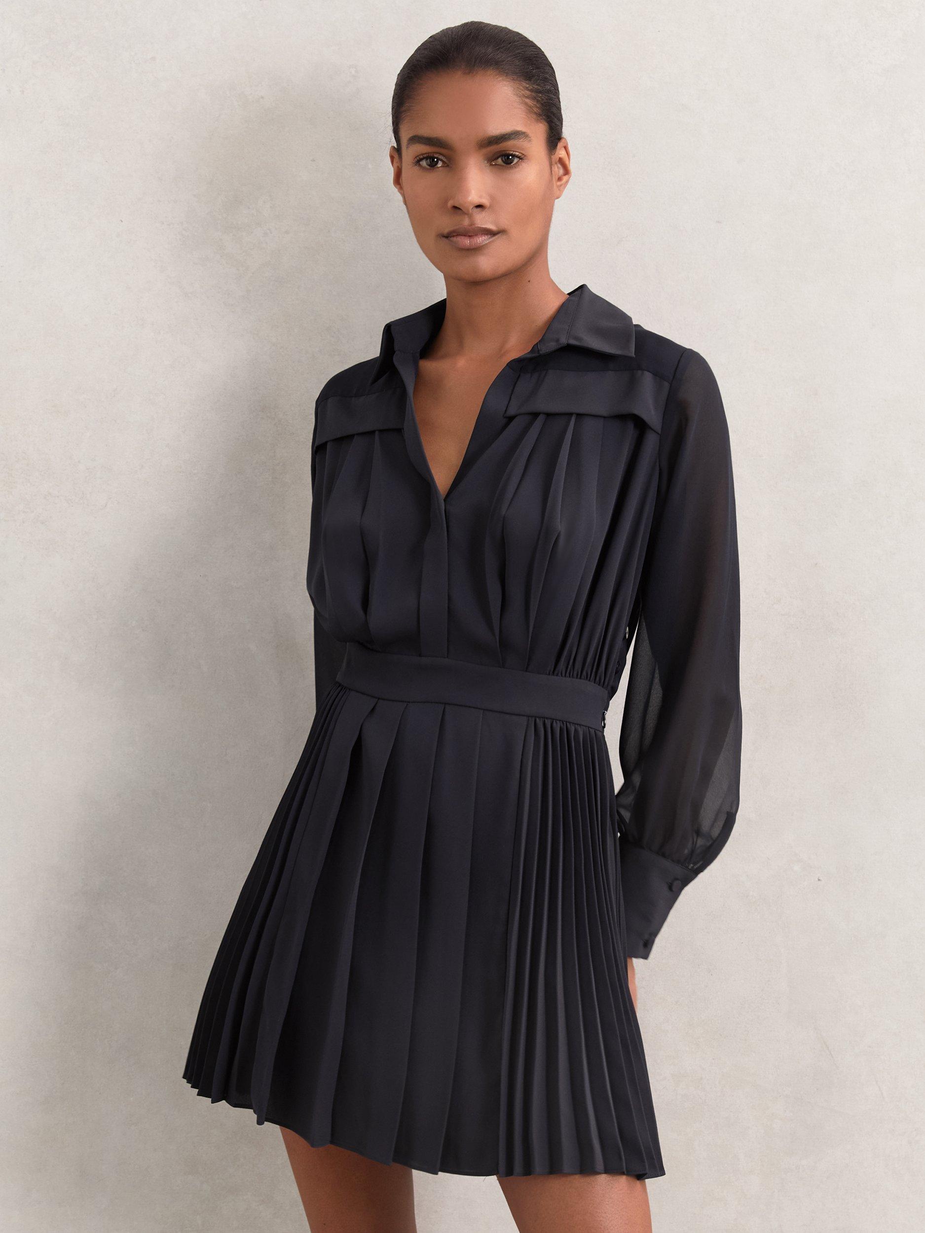 Product image 4 of 5, which shows Reiss Giselle Pleat Flippy Mini Dress, Navy, 12