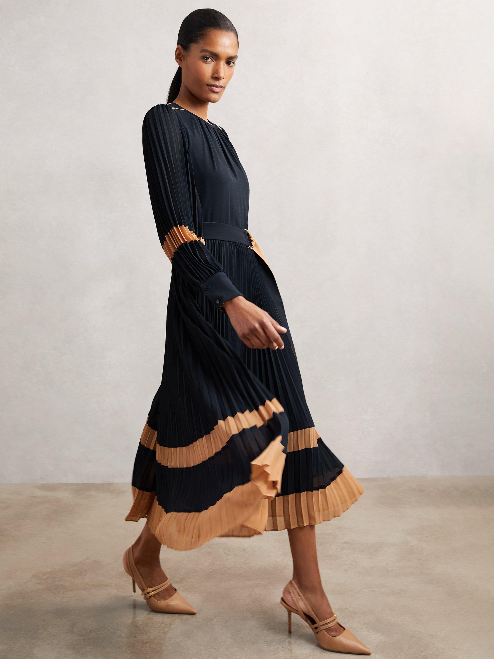 Product image 1 of 5, which shows Reiss Tori Colour Block Pleated Dress, Navy/Camel, 6