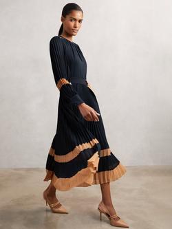 Reiss Tori Colour Block Pleated Dress, Navy/Camel