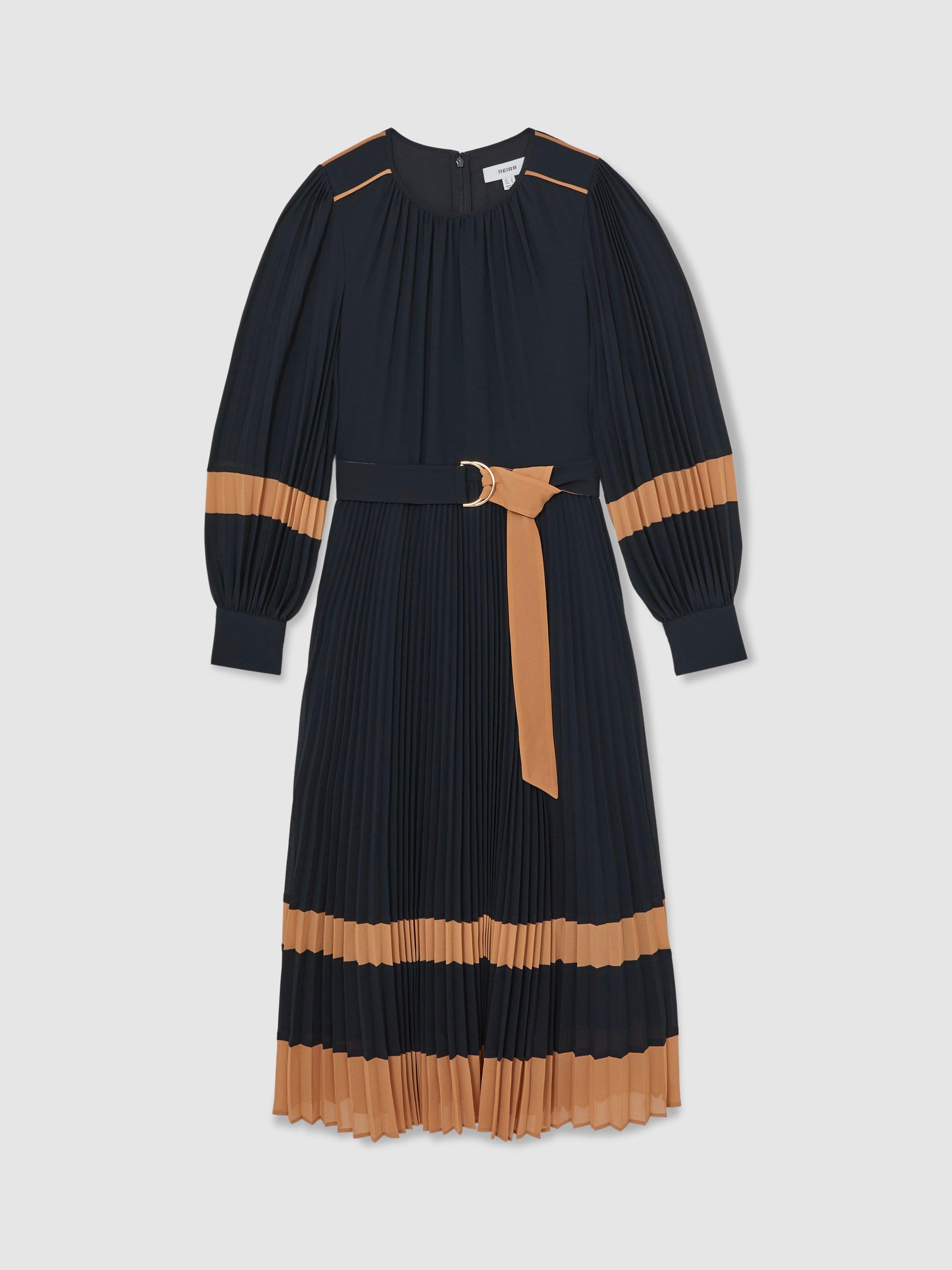 Product image 3 of 5, which shows Reiss Tori Colour Block Pleated Dress, Navy/Camel, 6