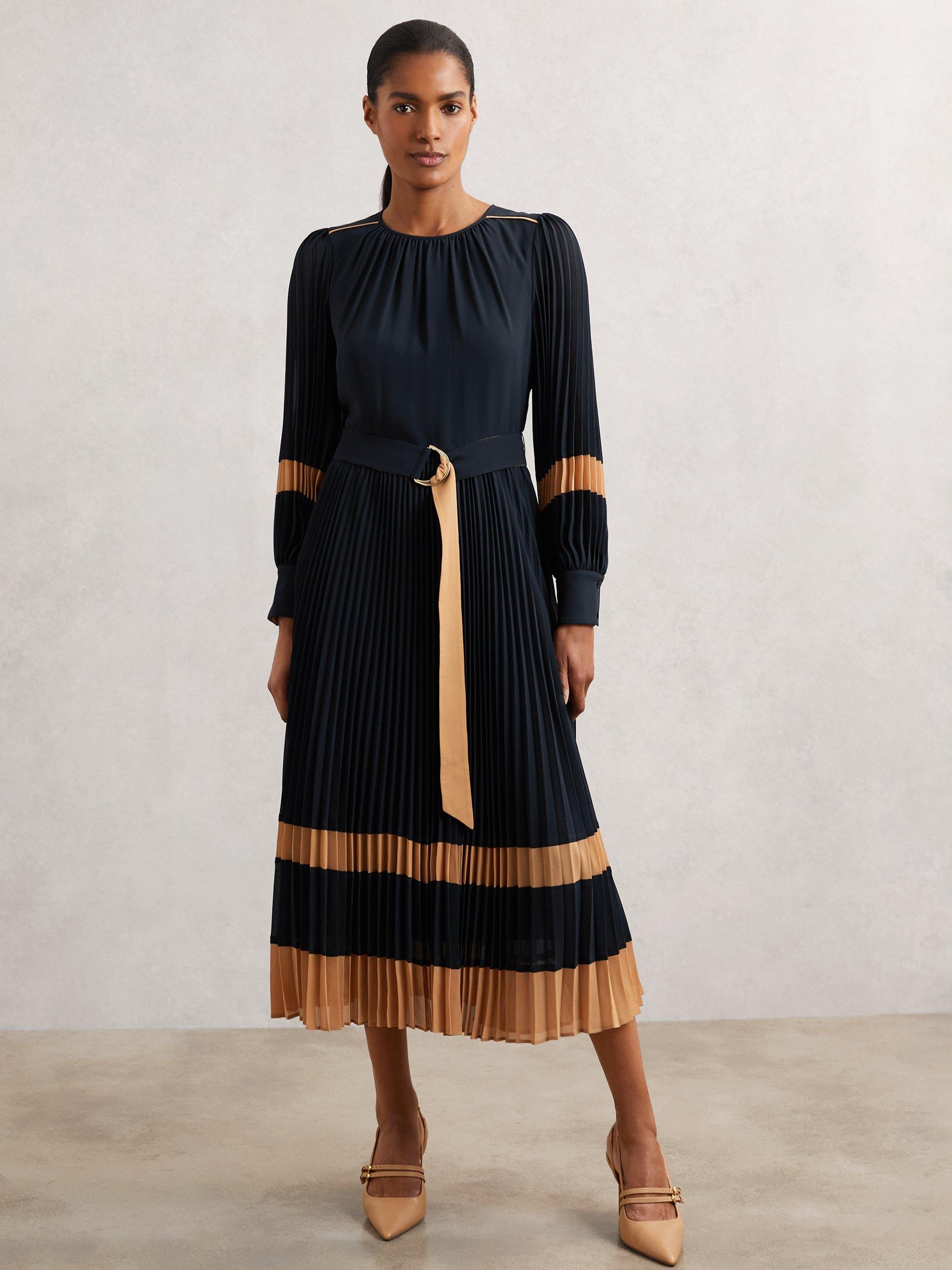 Product image 4 of 5, which shows Reiss Tori Colour Block Pleated Dress, Navy/Camel, 6