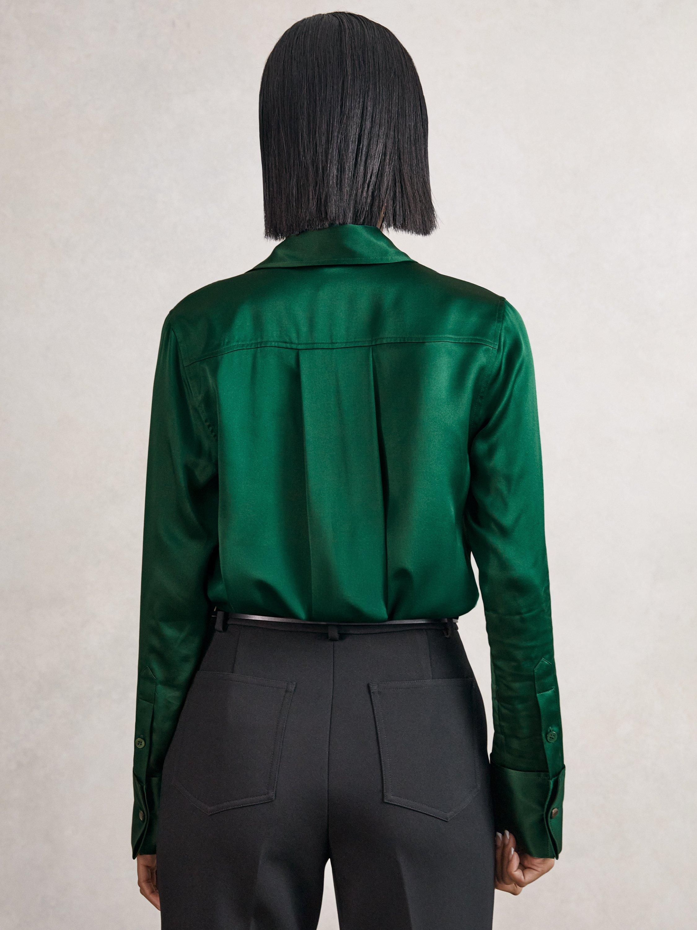 Product image 2 of 5, which shows Reiss Ameira Pure Silk Shirt, Green, 14