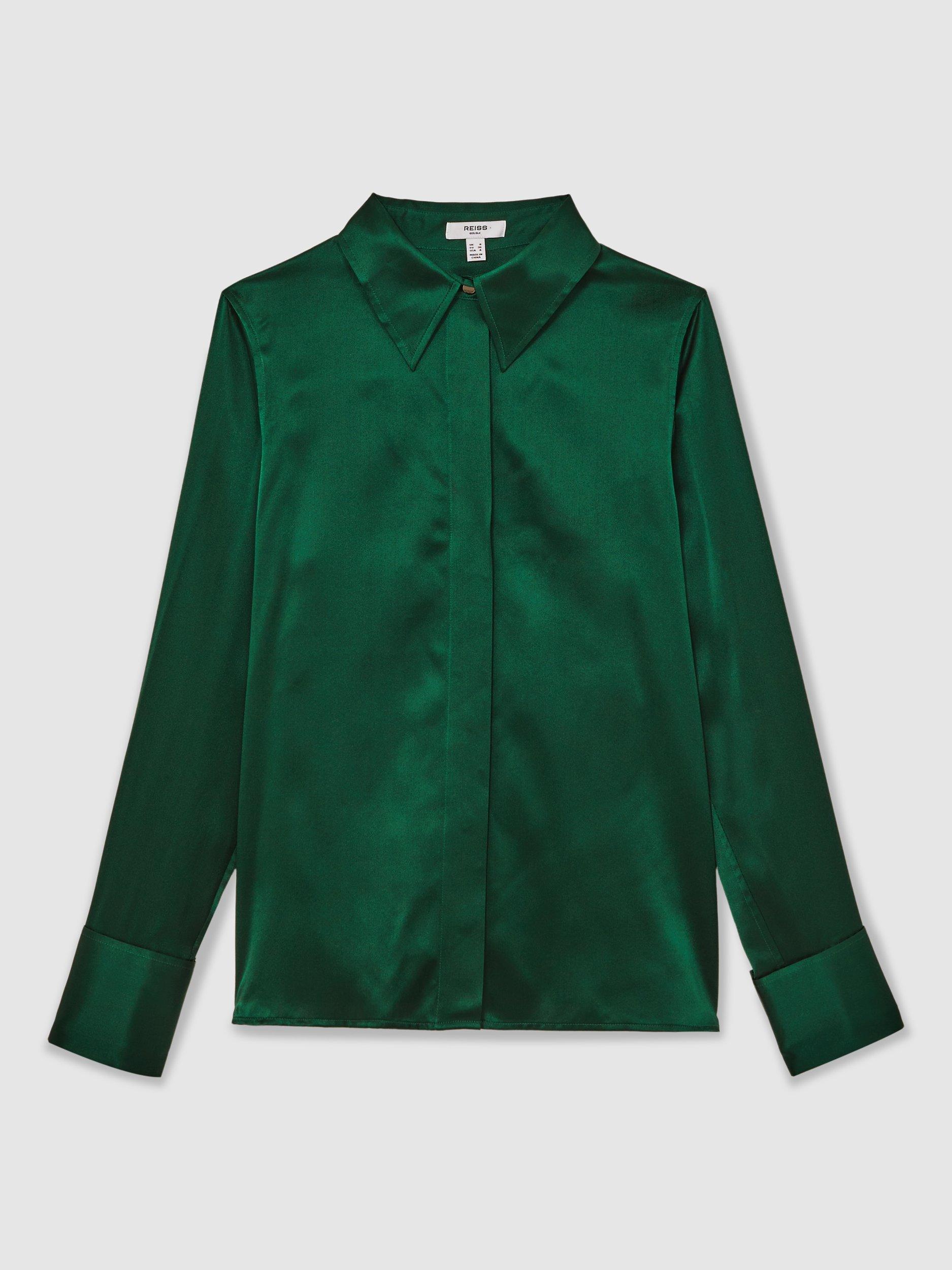 Product image 3 of 5, which shows Reiss Ameira Pure Silk Shirt, Green, 14